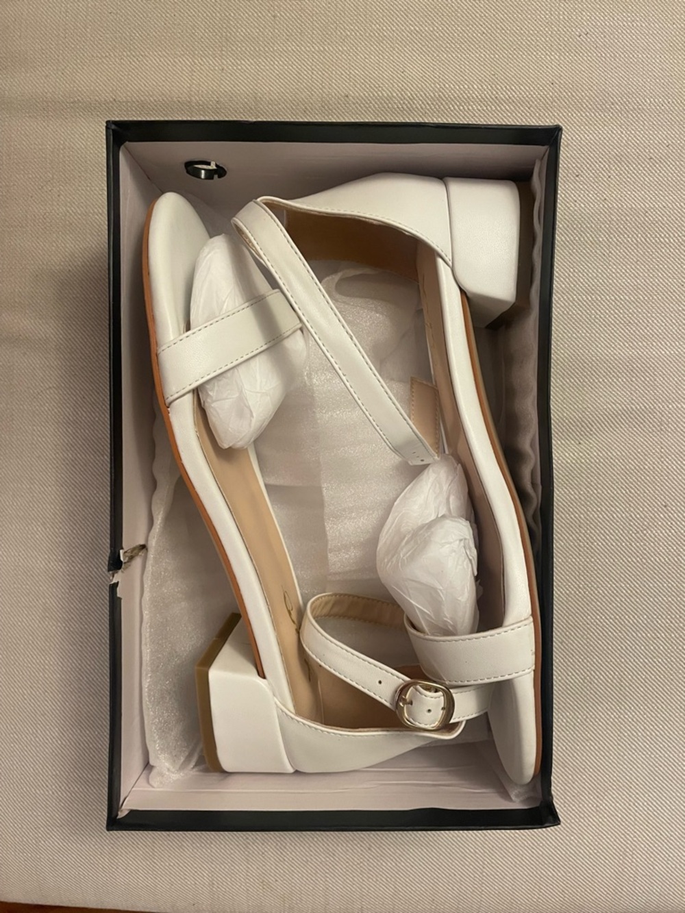 XYD White Low Block Heel Ankle Strap Sandals